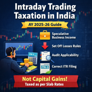Learn how intraday trading is taxed in India for FY 2024–25. Understand speculative income, loss set-off rules, audit applicability, and correct ITR filing.